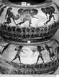 Dinos représentant (en haut) Méduse décapitée (en bas) et Hoplites combattant, vers 580 av. J.-C. (détail)