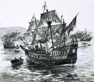 Le navire de Drake, le Golden Hind, revient à Portsmouth en boitant, transportant d