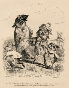 Deux petits lièvres avec leur grande sœur arrêtés par un hibou dans un champ. Un renard en train de chasser se tient derrière eux. Vignettes illustrées par JJ Granville. Gravure signée Brévière dans la partie "Histoire d