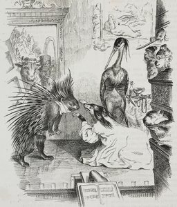 Chien et porc-épic, caricature de Jean-Jacques Grandville (1803-1847), lithographie de Giovanni Mariani de Poliorama Pittoresco, n 38, 30 avril - Grandville