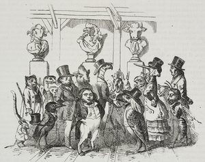 Sortie du théâtre, caricature de Jean-Jacques Grandville (1803-1847), lithographie de Giovanni Mariani de Poliorama Pittoresco, n 39, 7 mai - Grandville