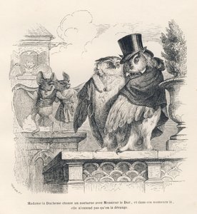 Chauve-souris écoutant une chouette et un hibou chanter - Grandville