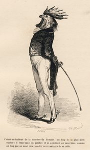 Coq habitué de la barrière de combat marchant fièrement. Vignettes illustrées par JJ Granville. Gravure signée Caqué dans "Histoire d