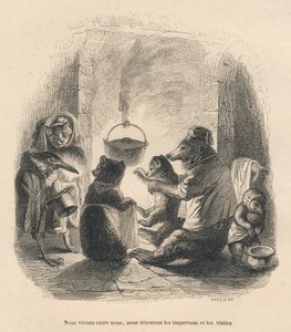 Deux visiteurs viennent importuner la famille ours assise devant la cheminée à l