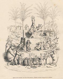 Discours politique du lion dans une tribune entouré de tous les autres animaux. Vignettes illustrées par JJ Granville. Gravure signée Godard dans le prologue "Résumé parlementaire" écrit par PJ Stahl dans "Scènes de la vie privée et publique des animaux"