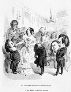 George Sand (Aurore Dupin, Baronne Dudevant) (1804-1876) entourée de 4 écrivains : Eugène Sue, Honoré de Balzac, Franz Liszt et Victor Hugo - dans "À la recherche d
