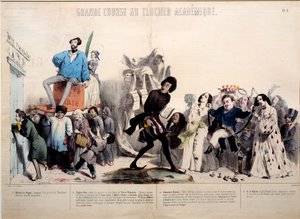 Grande course vers le clocher académique. Les écrivains Alfred de Vigny (1797-1863), Eugène Sue (1804-1857), Alexandre Dumas (1802-1870) et Honoré de Balzac (1799-1850) sont reconnus. Gravure par Gérard Grandville (1803-1847) - Grandville