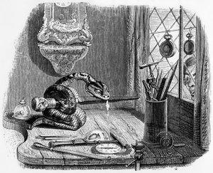La fable de La Fontaine (par Jean de La Fontaine) : le serpent et la lime, gravure de J.J. Grandville, c. 1838-40 - Grandville (1803 47)