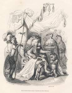 Les jeunes lionceaux reçoivent la bénédiction du roi lion. Vignettes illustrées par JJ Granville. Gravure signée Brévière dans "Voyage d