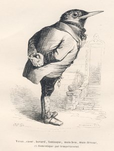 Merle "vieux, cassé, bavard, fantasque mais bon mais dévoué et domestique par tempérament". Vignettes illustrées par JJ Granville. Gravure signée Tamisier dans "Souvenirs d