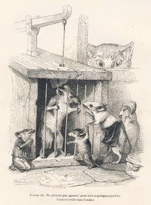 Piège : Chat guettant des souris venues pleurer celui qui a été fait prisonnier. Vignettes illustrées par JJ Granville. Gravure signée Andrew, Best et Leloir dans la partie intitulée "Le rat philosophe" écrit par Edouard Lemoine in "Scènes de la vie privée
