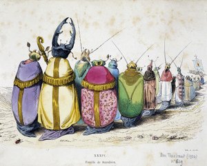 Procession de coléoptères portant des vêtements cléricaux - Caricature anticléricale de Granville tirée de "Les Métamorphoses du Jour" 1829