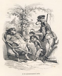Renard arrêté par un chien. Vignettes illustrées par JJ Granville. Gravure signée Godard dans "Un renard pris au piège" écrit par Charles Nodier dans "Scènes de la vie privée et publique des animaux". Paris, J. Hetzel et Paulin - Grandville