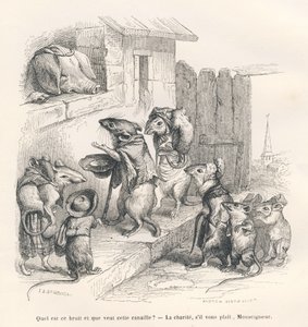 Souris faisant la charité à un cochon (Le rat philosophe) - Grandville