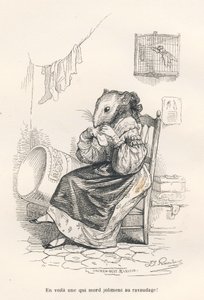 Souris raccommodant une chaussette. Vignettes illustrées par JJ Granville. Gravure signée Andrew, Best et Leloir dans la partie intitulée "Le rat philosophe" écrit par Edouard Lemoine in "Scènes de la vie privée et publique des animaux". Paris, J. Hetzel e
