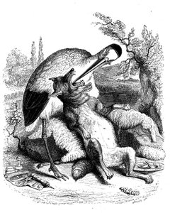 Le loup et la cigogne : fable de La Fontaine illustrée par Grandville. Édition Garnier 1860. La cigogne est représentée comme un médecin (mauvaises récompenses pour son dévouement !) - Grandville (1803 47)