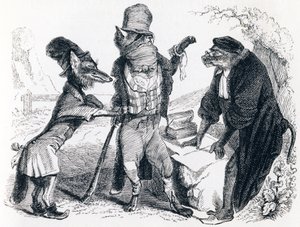 Le loup plaidant contre le renard par devant le singe - Fables de La Fontaine - Grandville