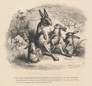 Trois enfants lapins écoutant leur grand-père blessé raconter des histoires. Vignettes illustrées par JJ Granville. Gravure signée Brévière dans "Histoire d