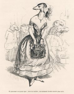 ... hors du théâtre, ces animaux-là sont encore plus laids. Vignettes illustrées par JJ Granville. Gravure signée Godard dans "Le premier feuilleton de Pistolet" écrit par Jules Janin dans "Scènes de la vie privée et publique des animaux" - Grandville
