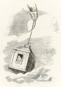 Gulliver échappe à Brobdingnag lorsque sa boîte est saisie par un aigle qui la laisse tomber dans la mer, des Voyages de Gulliver par Jonathan Swift - Grandville