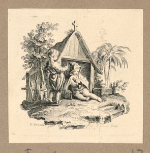 Deux figures devant une structure avec croix - Gravelot