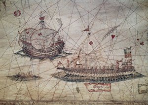 Galère et caravelle portugaise (détail de la carte nautique de la Méditerranée)