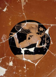 Coupe attique à figures rouges (détail) signée par le potier Kachrylion représentant un héros grec sous les traits d