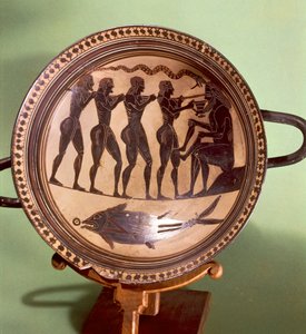 Coupe montrant Ulysse aveuglant Polyphème, poterie à figures noires, Grèce, Civilisation grecque, VIe siècle av. J.-C. - Greek