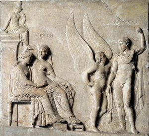 Art grec : Le prince de Sparte Paris séduit Hélène de Troie, Aphrodite est représentée