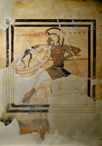 Art grec : pinax (tablette votive) en terre cuite représentant un hoplite en pleine course - Greek