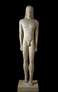 Art grec : statue de Kouros, sculpture de jeune homme de la période archaïque (650-500 av. J.-C.), 530-520 av. J.-C., de Melos, Dim. 1,94 m - Athènes, Musée national d