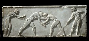 Art grec : base de kouros représentant des lutteurs pendant un combat. Bas-relief en marbre, 510-500 av. J.-C. - Athènes, musée archéologique - Greek