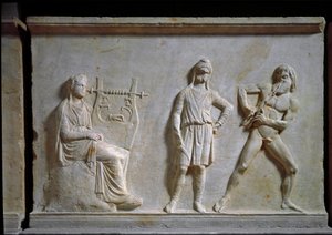 Art grec : concours de musique entre Apollon et Marsyas (jouant de l