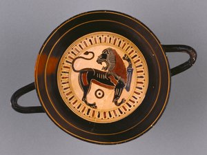 Kylix laconien à figures noires attribué au peintre Hunt, c.540 av. J.-C.