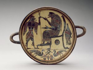 Coupe kylix laconienne représentant Zeus et Hermès, c.550-530 av. J.-C. - Greek