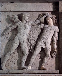 Magna Graecia : métope avec Héraclès et Amazone, relief en pierre, Ve siècle av. J.-C. - Greek
