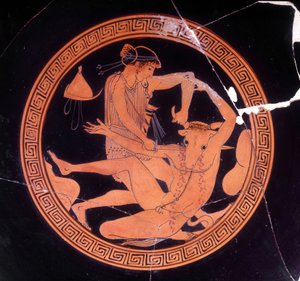 Minotaure tué par Thésée - Vase grec conservé au Museo Archeologico de Florence. Intérieur de la coupe pentique à figures rouges, peintre de Dokimasia. 480 av. J.-C. - Greek