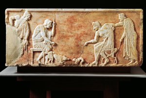 Stèle représentant un combat entre un chien et un chat, 510 av. J.-C. (relief)
