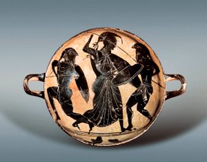 Guerre de Troie : Déesse Athéna luttant entre Hector et Achille. 6ème siècle av. J.-C. Kylix (coupe à boire) avec figures noires en céramique, Musée archéologique de Catalogne, Barcelone. - Greek