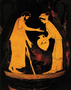 Homme avec canne et femme avec hydrie ...