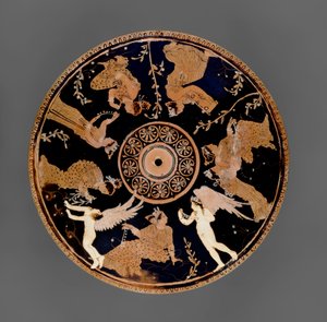 Pyxis attique à figures rouges, détail du couvercle décoré de femmes tenant des jetons d