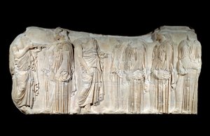 Art grec : fragment de la frise du Parthénon : procession de la fête des Grandes Panathénées