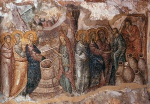 Mariage à Cana, peinture murale du narthex, église Afendiko, monastère de Brontochion - Greek School