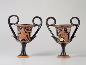 Kantharos à figures rouges représentant un jeune homme et kantharos représentant une femme, vers 310 av. J.-C. - Greek School