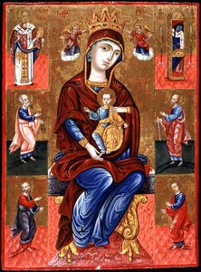 Vierge de Skopiotisa en trône avec le Christ et six saints, vers 1700 - Greek School