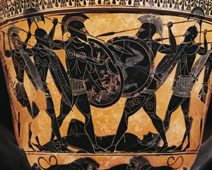 Civilisation grecque, poterie à figures noires, Cratère représentant la lutte pour le corps de Patrocle, de Farsala, Grèce