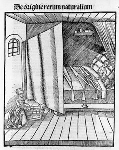 Une sage-femme nettoie le nouveau-né pendant que la mère se repose. Gravure dans « Margarita Philosophica » par Gregor Reisch (1467-1525), Bâle