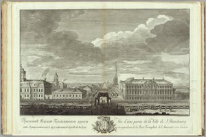 Perspective Nevski avec le palais Stroganov, livre pour le 50e anniversaire de la fondation de Saint-Pétersbourg, 1753