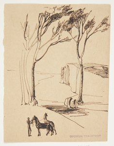 Paysage idéal. Au premier plan, un homme avec deux chevaux - Gudrun Traustedt