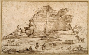 Paysage avec des ruines classiques et un jeune homme attaqué par des chiens